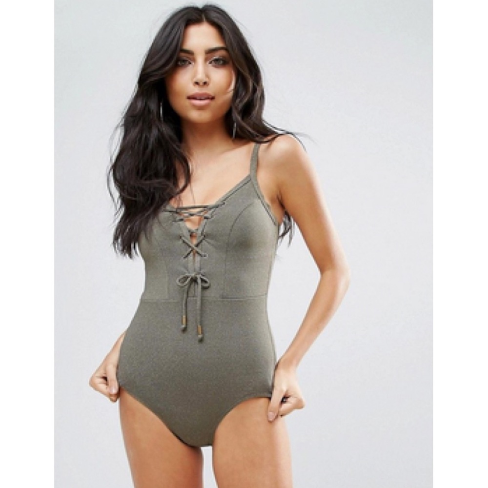 Olive green and gold shimmer textured bathing suit